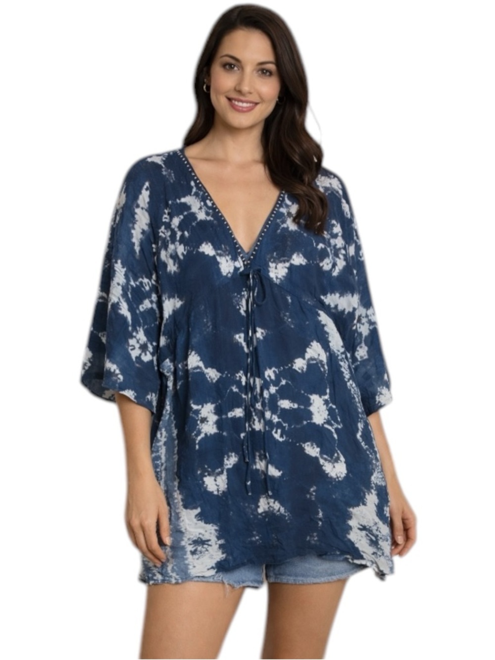 ZARA Blue Tie Dye Boho Tunic Top Size S Flowy V Neck Oversized